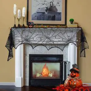 Halloween Fireplace Decorations, Fireplace Mantle Scarf Cover, Black Lace Spider Web for Door, Window and Flowerbeds Decoration, Halloween Party Supplies Halloween Fireplace Decorations, Fireplace Mantle Scarf Cover, Black Lace Spider Web for Door, Window and Flowerbeds Decoration, Halloween Party Supplies