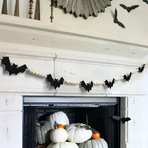 Halloween Wood Felt Bat Garland for Halloween Decorations Indoor | Farmhouse Bat Garland Banner with Wood Beads for Fireplace, Mantel, Walls, Windows and Halloween Party Decorations. Halloween Wood Felt Bat Garland for Halloween Decorations Indoor | Farmhouse Bat Garland Banner with Wood Beads for Fireplace, Mantel, Walls, Windows and Halloween Party Decorations.