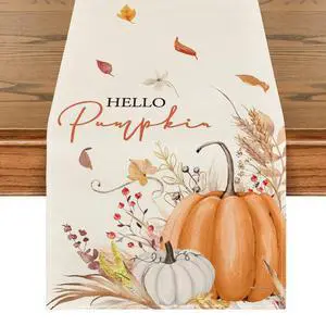 210 GSM Fall Table Runner Home Party Decor 13x72 Inch | Hello Pumpkin Flowers Leaves, Seasonal Kitchen Dining Table Decoration 210 GSM Fall Table Runner Home Party Decor 13x72 Inch | Hello Pumpkin Flowers Leaves, Seasonal Kitchen Dining Table Decoration