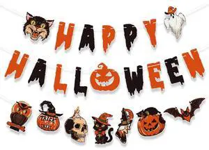Vintage Halloween Decor Paper Banner, 9.8FT Retro Hanging Banner Garland Halloween Bunting Decorations Spooky Pumpkin Black Cat Horror Party Favor Wall Home Decor Vintage Halloween Decor Paper Banner, 9.8FT Retro Hanging Banner Garland Halloween Bunting Decorations Spooky Pumpkin Black Cat Horror Party Favor Wall Home Decor
