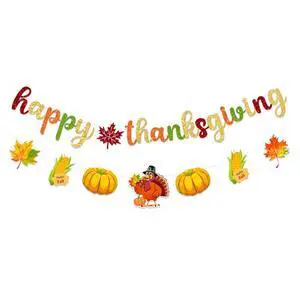 Pre-Strung Happy Thanksgiving Banner Decorations Give Thanks Decorations | Fall Leaves Garland Thanks Giving Party Decoration Glitter Turkey Banner for Thanksgiving Fall Give Party NO DIY Pre-Strung Happy Thanksgiving Banner Decorations Give Thanks Decorations | Fall Leaves Garland Thanks Giving Party Decoration Glitter Turkey Banner for Thanksgiving Fall Give Party NO DIY