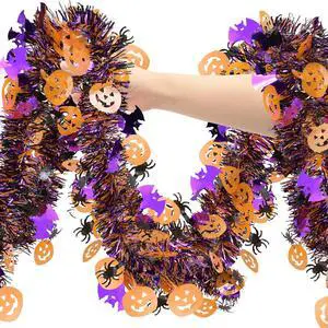 Halloween Decorations Tinsel Garland Outdoor, 33 FT Halloween Indoor Tree Decorations with Pumpkin Black Spider Purple Bat, Shiny Metallic Twist Garland for Home Party Decor Halloween Decorations Tinsel Garland Outdoor, 33 FT Halloween Indoor Tree Decorations with Pumpkin Black Spider Purple Bat, Shiny Metallic Twist Garland for Home Party Decor