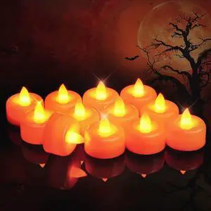 24 Pack Halloween Orange LED Tea Lights Candles Battery Operated | Colored Flameless Tealight Candles for Table Centerpieces, Shabbat, Jack o Lantern, Spooky Decor, Theme Party, Pumpkins 24 Pack Halloween Orange LED Tea Lights Candles Battery Operated | Colored Flameless Tealight Candles for Table Centerpieces, Shabbat, Jack o Lantern, Spooky Decor, Theme Party, Pumpkins