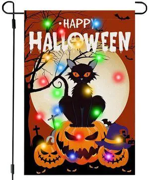 Happy Halloween Garden Flag with Solar LED Lights, 12x18 in | Solar-Powered, 8 Lighting Modes, Double-layer Linen Fabric, Weather-resistant, Halloween Decorations Outdoor Happy Halloween Garden Flag with Solar LED Lights, 12x18 in | Solar-Powered, 8 Lighting Modes, Double-layer Linen Fabric, Weather-resistant, Halloween Decorations Outdoor
