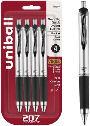 207 Impact RT Gel Pens, Bold Point (1.0mm), Black, 4 Pack | Auto-retracting clip protects against marks & stains, bold gel ink lay-down, fraud-resistant uni Super Ink, fade-resistant 207 Impact RT Gel Pens, Bold Point (1.0mm), Black, 4 Pack | Auto-retracting clip protects against marks & stains, bold gel ink lay-down, fraud-resistant uni Super Ink, fade-resistant