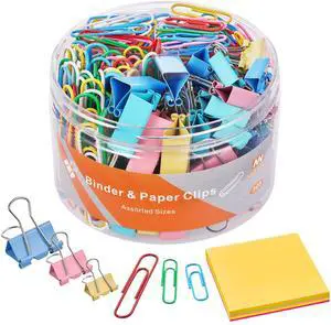 300pcs Paper Clips and Binder Clips Assorted Sizes with 100 Sheets Sticky Notes, Colored Paper Clips Set for Home, Office Supplies 300pcs Paper Clips and Binder Clips Assorted Sizes with 100 Sheets Sticky Notes, Colored Paper Clips Set for Home, Office Supplies