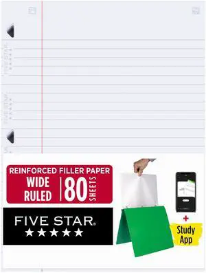 Loose Leaf Paper + Study App, Wide Ruled Filler Notebook Paper, Reinforced, Fights Ink Bleed, 8" x 10-1/2", 80 Sheets (150002) Loose Leaf Paper + Study App, Wide Ruled Filler Notebook Paper, Reinforced, Fights Ink Bleed, 8" x 10-1/2", 80 Sheets (150002)