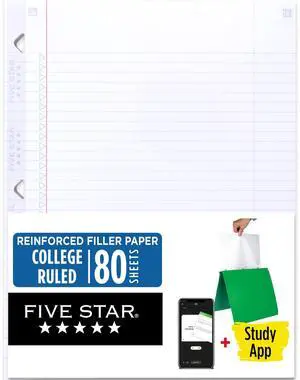Loose Leaf Paper + Study App, College Ruled Filler Notebook Paper, Reinforced, Fights Ink Bleed, 8-1/2" x 11", 80 Sheets (170102) Loose Leaf Paper + Study App, College Ruled Filler Notebook Paper, Reinforced, Fights Ink Bleed, 8-1/2" x 11", 80 Sheets (170102)