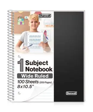 1-Subject Notebook 8x10.5, Wide Ruled, 200 Pages, Black | 100 Sheets (200 Pages), Wide Ruled Paper, Divider with Pockets, 3-Hole Punched & Perforated Pages 1-Subject Notebook 8x10.5, Wide Ruled, 200 Pages, Black | 100 Sheets (200 Pages), Wide Ruled Paper, Divider with Pockets, 3-Hole Punched & Perforated Pages