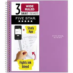 Spiral Notebook + Study App, 3 Subject, Wide Ruled Paper, 8" x 10-1/2", 150 Sheets, Fights Ink Bleed, Water Resistant Cover, Amethyst Purple (38737) Spiral Notebook + Study App, 3 Subject, Wide Ruled Paper, 8" x 10-1/2", 150 Sheets, Fights Ink Bleed, Water Resistant Cover, Amethyst Purple (38737)