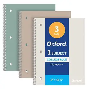 Spiral Notebooks, 3 Pack, College Ruled, 70 Sheets, Earthtone Covers | 3 hole punched to fit any binder. Perforated sheets tear out easily. Color coded covers. One notebook per subject. Spiral Notebooks, 3 Pack, College Ruled, 70 Sheets, Earthtone Covers | 3 hole punched to fit any binder. Perforated sheets tear out easily. Color coded covers. One notebook per subject.