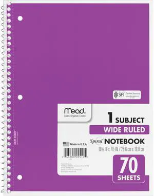 Spiral Notebook, 1 Subject, Wide Ruled Paper, 7-1/2" x 10-1/2", 70 Sheets, Color Will Vary (05510) Spiral Notebook, 1 Subject, Wide Ruled Paper, 7-1/2" x 10-1/2", 70 Sheets, Color Will Vary (05510)