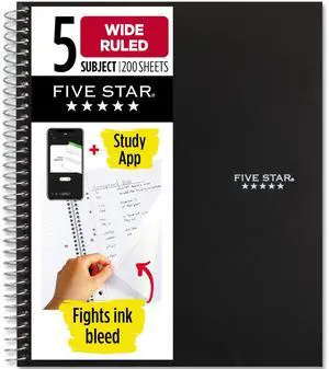 Spiral Notebook + Study App, 5 Subject, Wide Ruled 8" x 10.5" Paper, 200 Sheets, Fights Ink Bleed, Water Resistant Cover, Black (72045) Spiral Notebook + Study App, 5 Subject, Wide Ruled 8" x 10.5" Paper, 200 Sheets, Fights Ink Bleed, Water Resistant Cover, Black (72045)