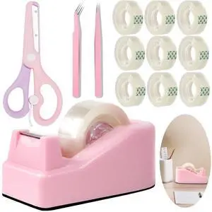 Desktop Tape Dispenser Kits with Weighted Nonskid Base Tape Dispenser- Includes 9 Rolls of Transparent Tape(0.71 Inch x 500 inches Each) & Pink Scissors, 2 Pcs Tweezers (Pink) Desktop Tape Dispenser Kits with Weighted Nonskid Base Tape Dispenser- Includes 9 Rolls of Transparent Tape(0.71 Inch x 500 inches Each) & Pink Scissors, 2 Pcs Tweezers (Pink)