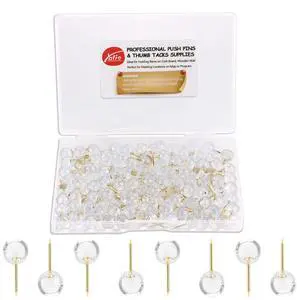 Push Pins 1/3 Inch Gold Map Tacks 100-Count Large Size Pins Golden Steel Point and Transparent Plastic Round Head (Gold) Push Pins 1/3 Inch Gold Map Tacks 100-Count Large Size Pins Golden Steel Point and Transparent Plastic Round Head (Gold)