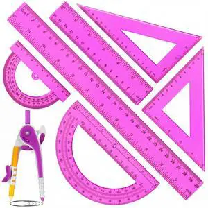 7 Pcs Geometry Math Set with Compass Protractor Rulers, Purple | Clear Plastic 6" 4" Protractors, 45 / 60 Degree Triangles, 12" 6" Rulers, Compass, for School Office Drawing 7 Pcs Geometry Math Set with Compass Protractor Rulers, Purple | Clear Plastic 6" 4" Protractors, 45 / 60 Degree Triangles, 12" 6" Rulers, Compass, for School Office Drawing