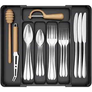 Silverware Organizer for Drawer, Expandable Utensil Tray | BPA-free Plastic Adjustable Cutlery Holder for Kitchen Storage, 8.1-13.9 x 11.3, Black Silverware Organizer for Drawer, Expandable Utensil Tray | BPA-free Plastic Adjustable Cutlery Holder for Kitchen Storage, 8.1-13.9 x 11.3, Black