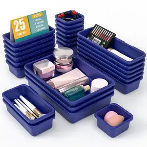 25 PCS Drawer Organizer Set, 4 Size Makeup Drawer Divider Organizer With Non-Slip Pads, Interlocking Plastic Storage Bins for Office,Jewelry Vanity,Gadgets, Bathroom,Kitchen, Navy 25 PCS Drawer Organizer Set, 4 Size Makeup Drawer Divider Organizer With Non-Slip Pads, Interlocking Plastic Storage Bins for Office,Jewelry Vanity,Gadgets, Bathroom,Kitchen, Navy