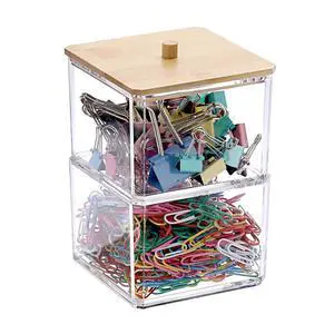 Stackable Paper Clip Holder with Bamboo Lid 2-Layer Paperclip Box | Clear Thick Acrylic Office Supply Accessory Organizer Square Small Storage Holder Cute Qtip Holder for Office Bathroom Vanity Stackable Paper Clip Holder with Bamboo Lid 2-Layer Paperclip Box | Clear Thick Acrylic Office Supply Accessory Organizer Square Small Storage Holder Cute Qtip Holder for Office Bathroom Vanity