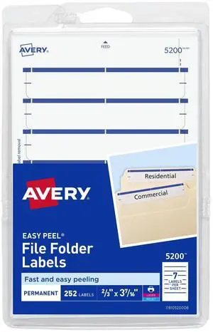 File Folder Labels on 4" x 6" Sheet, Easy Peel, White/Blue, Print & Handwrite, 2/3" x 3-7/16", 252 Labels (5200) File Folder Labels on 4" x 6" Sheet, Easy Peel, White/Blue, Print & Handwrite, 2/3" x 3-7/16", 252 Labels (5200)