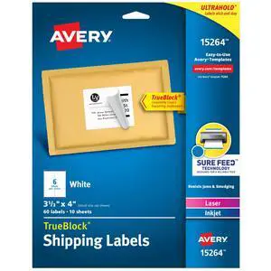 Printable Shipping Labels, Sure Feed Technology, 3-1/3" x 4", White, Laser/Inkjet Printable, 60 Blank Mailing Labels (15264) Printable Shipping Labels, Sure Feed Technology, 3-1/3" x 4", White, Laser/Inkjet Printable, 60 Blank Mailing Labels (15264)