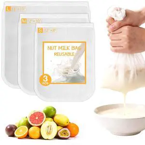 Milk Bag Reusable 3 Pack (8"x12"/10"x12"/13"x13") Fine Mesh Nylon Cheese Cloth Strainer Bags for Straining Almond Milk, Soy Milk, Greek Yogurt, Cold Brew Coffee, Juice, Tea, Tofu, Chees Milk Bag Reusable 3 Pack (8"x12"/10"x12"/13"x13") Fine Mesh Nylon Cheese Cloth Strainer Bags for Straining Almond Milk, Soy Milk, Greek Yogurt, Cold Brew Coffee, Juice, Tea, Tofu, Chees
