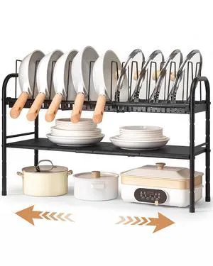Pots and Pans Organizer Under Cabinet, 2-Tier Expandable Pot Rack | 10 Dividers for Lid Separation, 5-Level Adjustable Height, Kitchen Cookware Pan Holder Shelf, Carbon Steel Frame Pots and Pans Organizer Under Cabinet, 2-Tier Expandable Pot Rack | 10 Dividers for Lid Separation, 5-Level Adjustable Height, Kitchen Cookware Pan Holder Shelf, Carbon Steel Frame