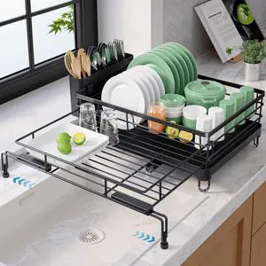 Adjustable Dish Drying Rack, 15.6''-25.2''L × 16.9''W, Black | Large Dish Drying Rack, Rust-Resistant Dish Racks for Kitchen Counter, With Adjustable Support Legs, Cutlery Holder Adjustable Dish Drying Rack, 15.6''-25.2''L × 16.9''W, Black | Large Dish Drying Rack, Rust-Resistant Dish Racks for Kitchen Counter, With Adjustable Support Legs, Cutlery Holder