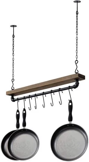 30 Inch Ceiling or Wall Mounted Pot Rack with Rustic Brown Solid Wood Shelf and Industrial Matte Black Metal Pipe, Hanging Cookware Utensils Organizer with 8 S-Hooks 30 Inch Ceiling or Wall Mounted Pot Rack with Rustic Brown Solid Wood Shelf and Industrial Matte Black Metal Pipe, Hanging Cookware Utensils Organizer with 8 S-Hooks