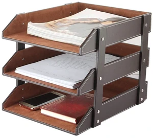 Very Sturdy 3 Tier Leather Desk File Rack for Office Supplies/Stationery/Folder,Stackable Letter Tray Organizer,Document Filing Organizer Holder for Desktop Storage (Brown) Very Sturdy 3 Tier Leather Desk File Rack for Office Supplies/Stationery/Folder,Stackable Letter Tray Organizer,Document Filing Organizer Holder for Desktop Storage (Brown)