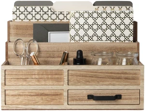 Natural Wood Mail Organizer with Drawer & Pen Holder | Rustic Desk Organizer for Bills, Letters & Countertop Storage | Wooden Desktop Mail Sorter for Home & Kitchen Natural Wood Mail Organizer with Drawer & Pen Holder | Rustic Desk Organizer for Bills, Letters & Countertop Storage | Wooden Desktop Mail Sorter for Home & Kitchen