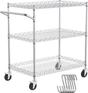 3 Tier Wire Rolling Kitchen Utility Cart, 661 LBS Capacity Steel Storage Trolley, 80mm Deep Baskets, Curved Handle & 6 Hooks, Mobile Service Table on Wheels 3 Tier Wire Rolling Kitchen Utility Cart, 661 LBS Capacity Steel Storage Trolley, 80mm Deep Baskets, Curved Handle & 6 Hooks, Mobile Service Table on Wheels