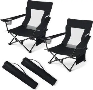 Set of 2 Low Folding Beach Chairs for Adults, 600D Oxford Steel Frame Foldable Outdoor Camping Chairs with Cup Holder Storage Pocket & Carry Bag for Fishing Picnic BBQ Sports Travel Set of 2 Low Folding Beach Chairs for Adults, 600D Oxford Steel Frame Foldable Outdoor Camping Chairs with Cup Holder Storage Pocket & Carry Bag for Fishing Picnic BBQ Sports Travel