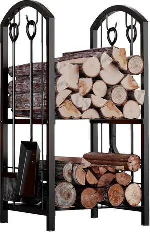 5-Piece Firewood Rack with Fireplace Tools Set, Sturdy Metal Log Storage Holder with 4 Fire Tools, Multi-tier Firewood Organizer for Indoor Fireplace Outdoor Fire Pit, Black 5-Piece Firewood Rack with Fireplace Tools Set, Sturdy Metal Log Storage Holder with 4 Fire Tools, Multi-tier Firewood Organizer for Indoor Fireplace Outdoor Fire Pit, Black