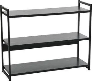 3 Tier Wide Open Storage Bookshelf Black Oak Grain Laminate Tabletop Black Steel Frame Freestanding Display Rack for Home Decor 3 Tier Wide Open Storage Bookshelf Black Oak Grain Laminate Tabletop Black Steel Frame Freestanding Display Rack for Home Decor
