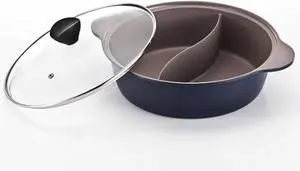 28cm/11 Inch Double Coated Ceramic Shabu Shabu Stock Pot, Dual Divider with High Dome Tempered Glass Lid, Compatible with Multiple Heat Sources 28cm/11 Inch Double Coated Ceramic Shabu Shabu Stock Pot, Dual Divider with High Dome Tempered Glass Lid, Compatible with Multiple Heat Sources