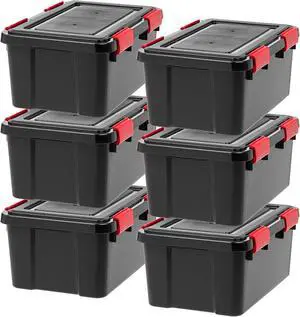 19 Qt Stackable Storage Bins with Lids 6 Pack, BPA-Free Plastic Gasket Boxes with Tight Latch Seal, Nestable Tote Tubs - Black/Red 19 Qt Stackable Storage Bins with Lids 6 Pack, BPA-Free Plastic Gasket Boxes with Tight Latch Seal, Nestable Tote Tubs - Black/Red