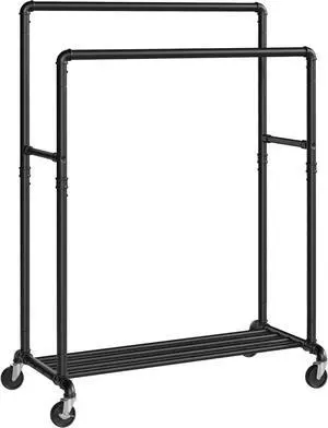 Heavy Duty Metal Clothing Rack, 2 39.4" Hanging Rails, with Lockable Casters and Storage Shelf, 198 LB Load Capacity, Black Heavy Duty Metal Clothing Rack, 2 39.4" Hanging Rails, with Lockable Casters and Storage Shelf, 198 LB Load Capacity, Black