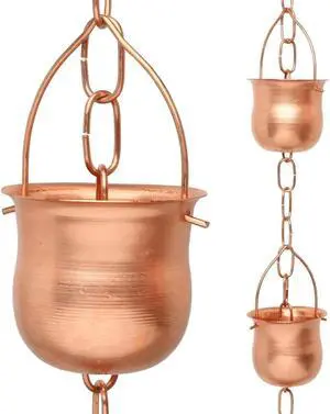 8.5 Long Copper Rain Chain, Decorative Cups & Chimes, Gutter Downspout Replacement, Water Diverter for Home, Pot Style, Universal Fit 8.5 Long Copper Rain Chain, Decorative Cups & Chimes, Gutter Downspout Replacement, Water Diverter for Home, Pot Style, Universal Fit