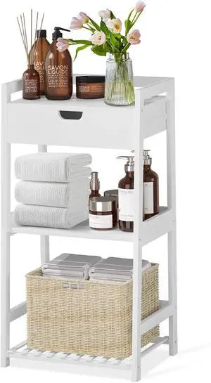 3 Tier Natural Bamboo Ladder Storage Shelf with Pull Out Drawer, Space Saving Freestanding Display Rack 11.8"D x 16.5"W x 31"H for Bathroom Bedroom Kitchen Office 3 Tier Natural Bamboo Ladder Storage Shelf with Pull Out Drawer, Space Saving Freestanding Display Rack 11.8"D x 16.5"W x 31"H for Bathroom Bedroom Kitchen Office