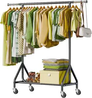 Heavy Duty Rolling Metal Garment Rack, 450 LBS Load Capacity, Standing Hanging Clothes Rack with Sturdy Wheels and Shelves, Black Heavy Duty Rolling Metal Garment Rack, 450 LBS Load Capacity, Standing Hanging Clothes Rack with Sturdy Wheels and Shelves, Black