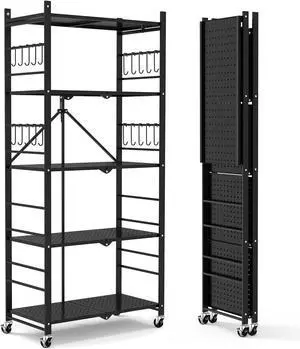 5 Tier Collapsible Wire Storage Shelf Heavy Duty Metal Folding Organizer Rack with 20 Hooks Lockable Wheels Adjustable Feet, 440 Lbs Total Capacity Freestanding Shelving Unit for Garage Kitchen Home 5 Tier Collapsible Wire Storage Shelf Heavy Duty Metal Folding Organizer Rack with 20 Hooks Lockable Wheels Adjustable Feet, 440 Lbs Total Capacity Freestanding Shelving Unit for Garage Kitchen Home