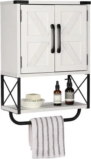 Rustic Farmhouse Wall Mount Wood Storage Cabinet with Sliding Barn Doors, Adjustable Inner Shelf & Detachable Towel Bar, 3-Tier Wall Medicine Organizer for Bathroom Living Room, Vintage White Rustic Farmhouse Wall Mount Wood Storage Cabinet with Sliding Barn Doors, Adjustable Inner Shelf & Detachable Towel Bar, 3-Tier Wall Medicine Organizer for Bathroom Living Room, Vintage White