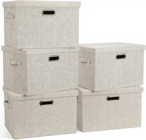 36 Quart Collapsible Stackable Storage Bins with Lids 5 Pack, 17" Beige Linen Fabric Closet Organizer Boxes, 17x12x11 Storage Cube Baskets for Bedroom Office 36 Quart Collapsible Stackable Storage Bins with Lids 5 Pack, 17" Beige Linen Fabric Closet Organizer Boxes, 17x12x11 Storage Cube Baskets for Bedroom Office