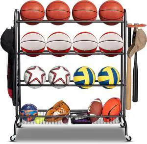 4-Tier Rolling Basketball Storage Rack with 2 Baskets & 3 Hooks, Lockable Wheels Sports Equipment Organizer for Basketballs Footballs Volleyballs 4-Tier Rolling Basketball Storage Rack with 2 Baskets & 3 Hooks, Lockable Wheels Sports Equipment Organizer for Basketballs Footballs Volleyballs