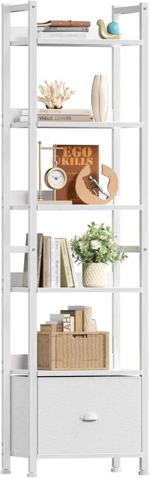 6 Tier Tall Storage Bookshelf White Particleboard Metal Frame Display Unit with Removable Fabric Drawer for Bedroom Living Room Home Office 6 Tier Tall Storage Bookshelf White Particleboard Metal Frame Display Unit with Removable Fabric Drawer for Bedroom Living Room Home Office