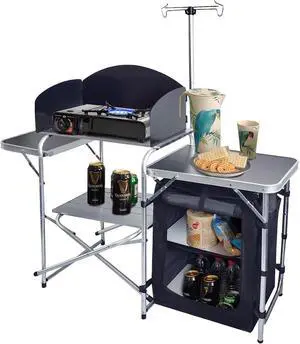 Black Foldable Aluminum Outdoor Camping Cooking Station With ThreeSided Windscreen Side Shelves and Fabric Storage Cabinet For Picnic BBQ RV Outdoor Cooking Black Foldable Aluminum Outdoor Camping Cooking Station With ThreeSided Windscreen Side Shelves and Fabric Storage Cabinet For Picnic BBQ RV Outdoor Cooking