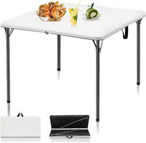 34 Inch Square Folding Card Table, Portable Plastic Utility Table with Collapsible Legs and Carrying Handle, No Assembly Foldable Table for Camping Picnic Party Office Indoor Outdoor Use, White 34 Inch Square Folding Card Table, Portable Plastic Utility Table with Collapsible Legs and Carrying Handle, No Assembly Foldable Table for Camping Picnic Party Office Indoor Outdoor Use, White