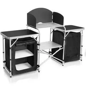 Folding Camping Kitchen Table with 3-Sided Windscreen, Portable Outdoor Cooking Station with Storage Cabinet and Side Tables for Camping BBQ Picnic RV Use Folding Camping Kitchen Table with 3-Sided Windscreen, Portable Outdoor Cooking Station with Storage Cabinet and Side Tables for Camping BBQ Picnic RV Use