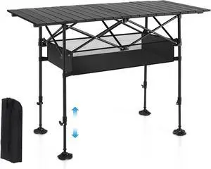 Folding Camping Table with Adjustable Height, Portable Roll-Up Aluminum Table with Storage Basket and Carry Bag for Outdoor Picnic BBQ Beach Backyard Folding Camping Table with Adjustable Height, Portable Roll-Up Aluminum Table with Storage Basket and Carry Bag for Outdoor Picnic BBQ Beach Backyard